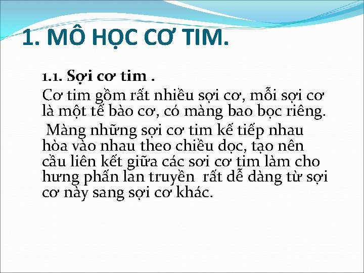 1. MÔ HỌC CƠ TIM. 1. 1. Sợi cơ tim. Cơ tim gồm rất