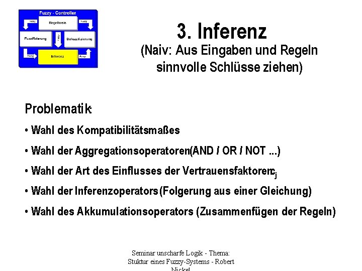 3. Inferenz (Naiv: Aus Eingaben und Regeln sinnvolle Schlüsse ziehen) Problematik: • Wahl des