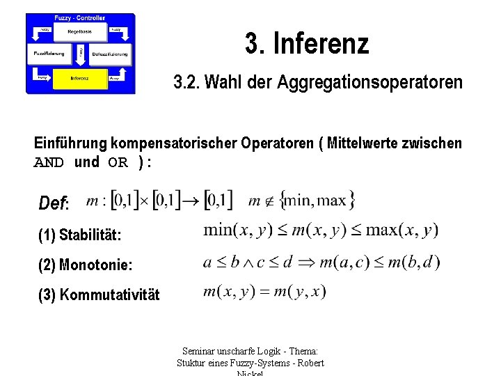 3. Inferenz 3. 2. Wahl der Aggregationsoperatoren Einführung kompensatorischer Operatoren ( Mittelwerte zwischen AND