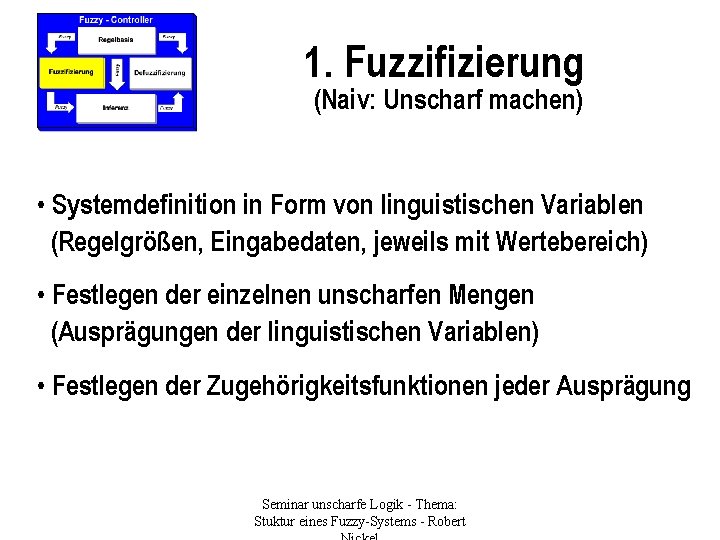 1. Fuzzifizierung (Naiv: Unscharf machen) • Systemdefinition in Form von linguistischen Variablen (Regelgrößen, Eingabedaten,