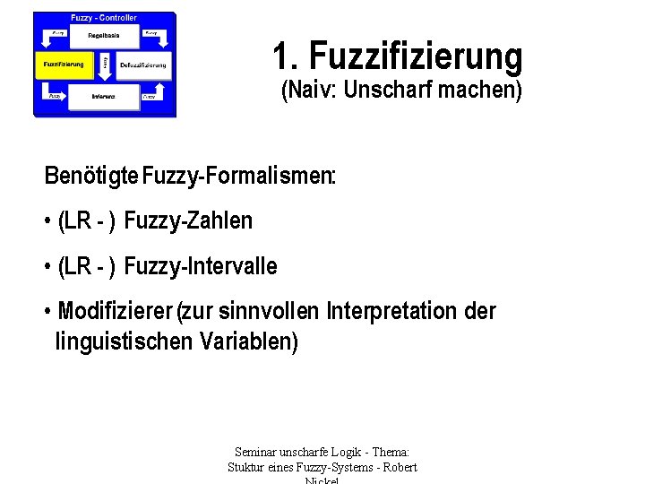 1. Fuzzifizierung (Naiv: Unscharf machen) Benötigte Fuzzy-Formalismen: • (LR - ) Fuzzy-Zahlen • (LR