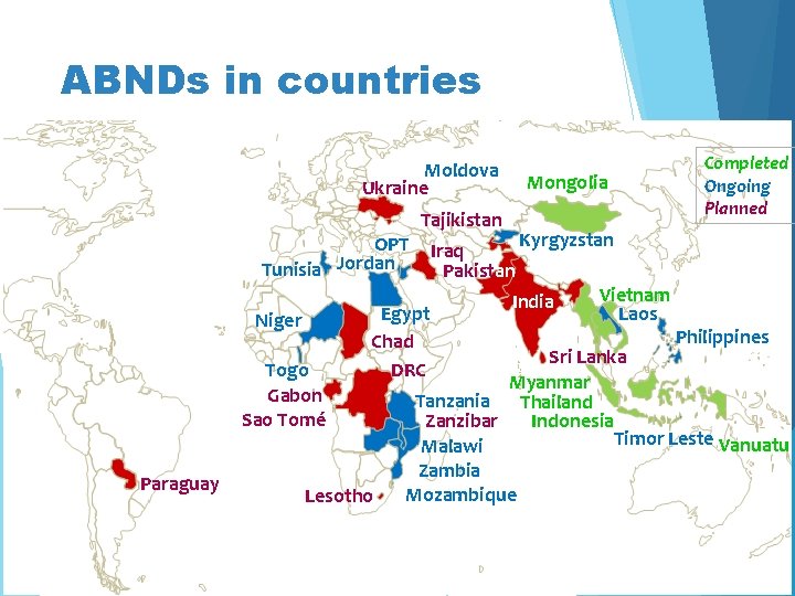 ABNDs in countries Moldova Ukraine OPT Tunisia Jordan Niger Togo Gabon Sao Tomé Paraguay