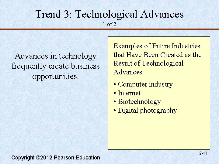 Trend 3: Technological Advances 1 of 2 Advances in technology frequently create business opportunities.