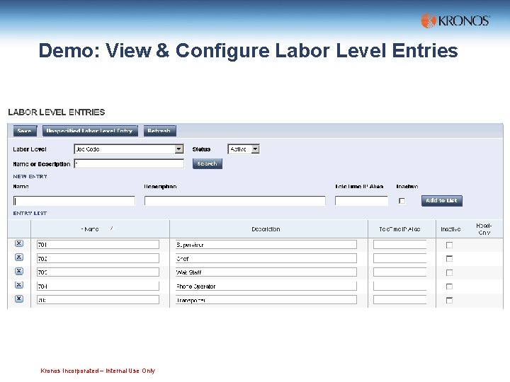 Demo: View & Configure Labor Level Entries Kronos Incorporated – Internal Use Only 