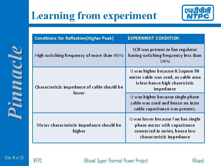 Pinnacle Learning from experiment Conditions for Reflection(Higher Peak) EXPERIMENT CONDITION High switching frequency of