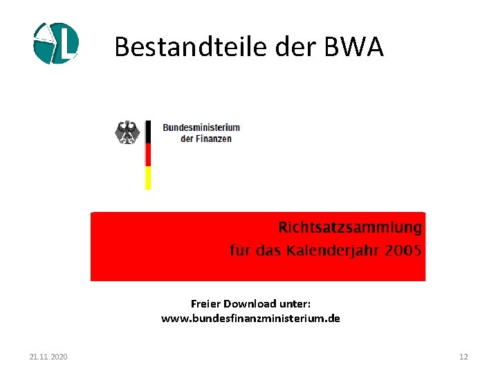 Bestandteile der BWA Freier Download unter: www. bundesfinanzministerium. de 21. 11. 2020 12 