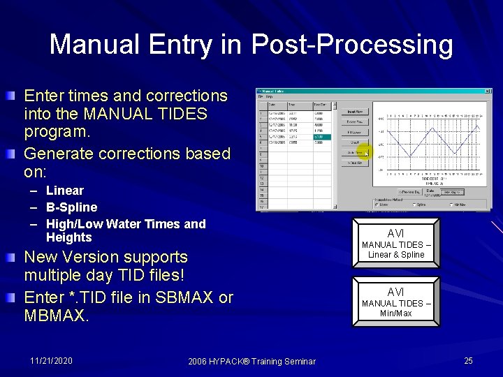 Manual Entry in Post-Processing Enter times and corrections into the MANUAL TIDES program. Generate