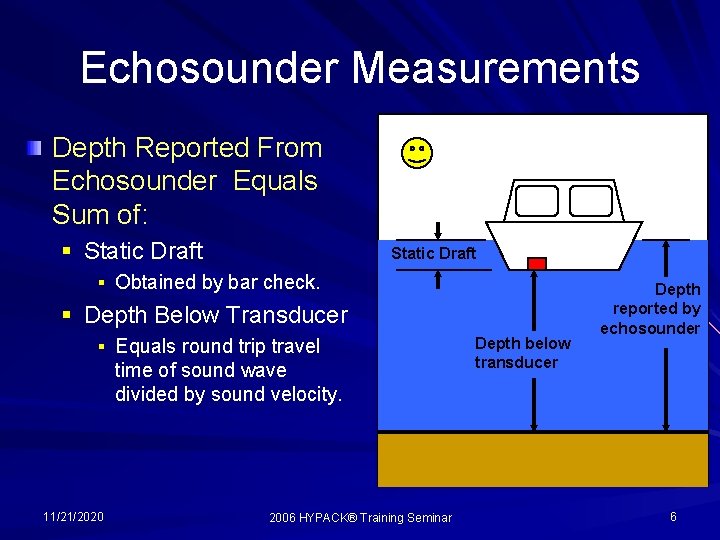 Echosounder Measurements Depth Reported From Echosounder Equals Sum of: § Static Draft § Obtained