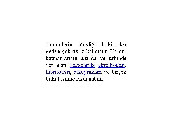 Kömürlerin türediği bitkilerden geriye çok az iz kalmıştır. Kömür katmanlarının altında ve üstünde yer