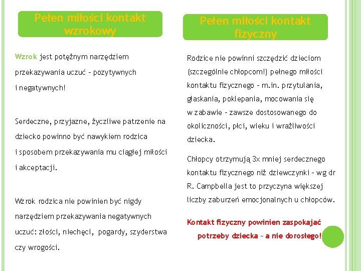 Pełen miłości kontakt wzrokowy Pełen miłości kontakt fizyczny Wzrok jest potężnym narzędziem Rodzice nie