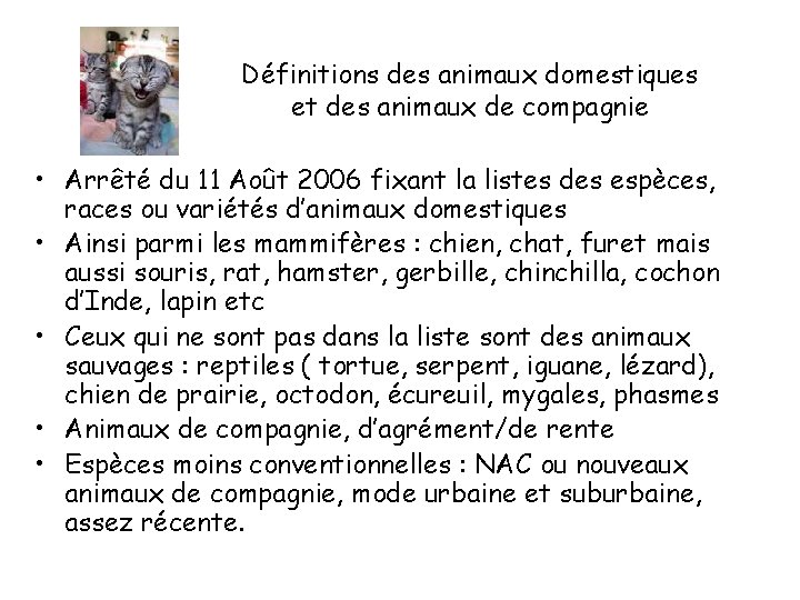 Définitions des animaux domestiques et des animaux de compagnie • Arrêté du 11 Août