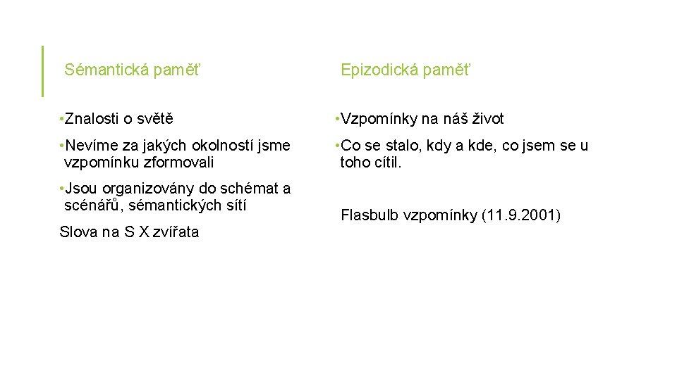 Sémantická paměť Epizodická paměť • Znalosti o světě • Vzpomínky na náš život •