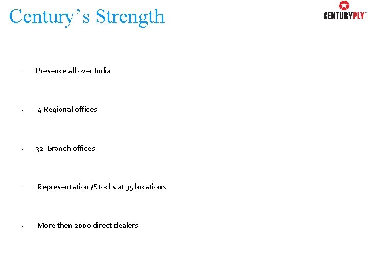 Century’s Strength • • • Presence all over India 4 Regional offices 32 Branch