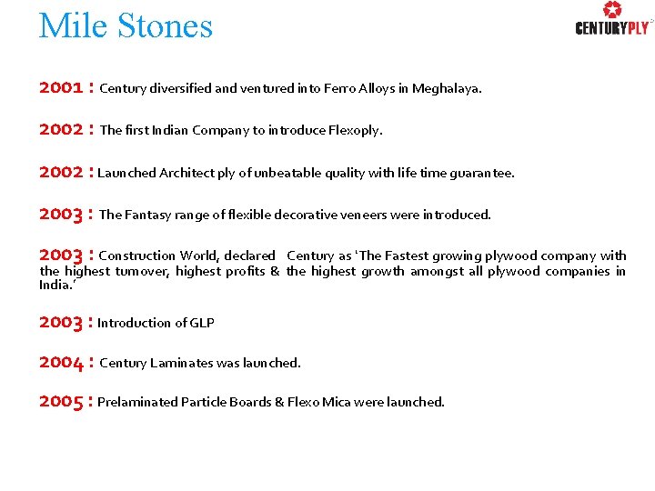 Mile Stones 2001 : Century diversified and ventured into Ferro Alloys in Meghalaya. 2002