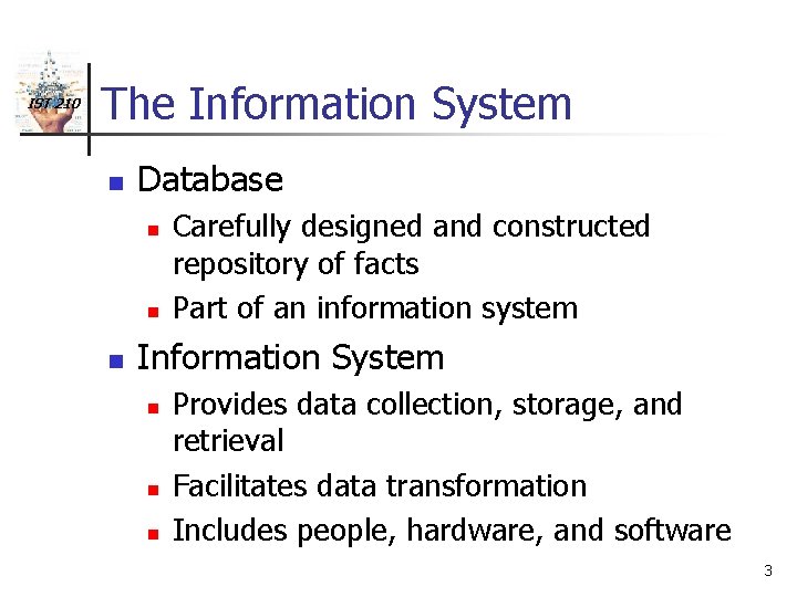 IST 210 The Information System n Database n n n Carefully designed and constructed