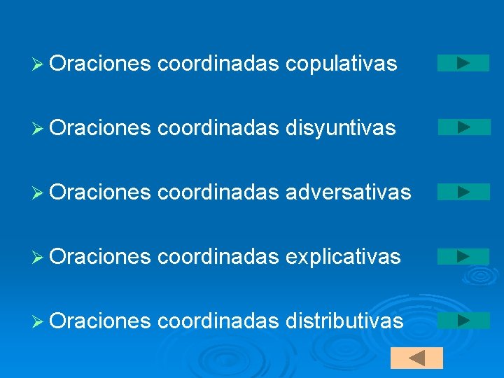 Ø Oraciones coordinadas copulativas Ø Oraciones coordinadas disyuntivas Ø Oraciones coordinadas adversativas Ø Oraciones