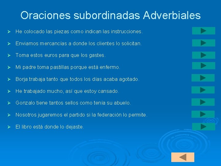 Oraciones subordinadas Adverbiales Ø He colocado las piezas como indican las instrucciones. Ø Enviamos