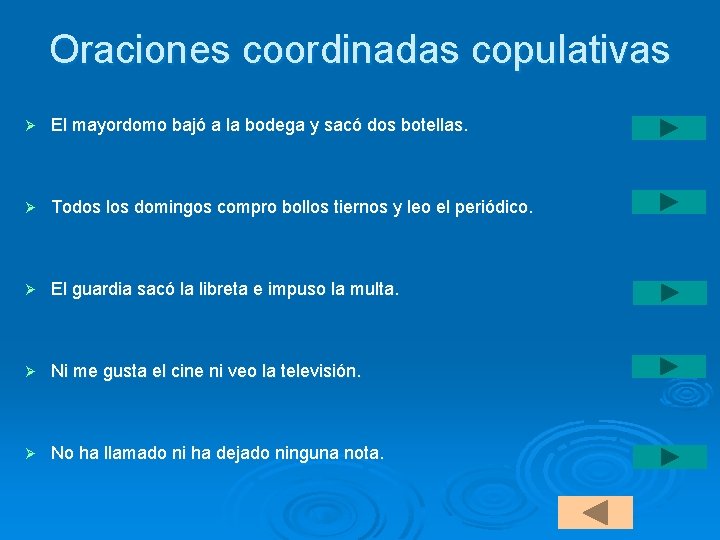 Oraciones coordinadas copulativas Ø El mayordomo bajó a la bodega y sacó dos botellas.