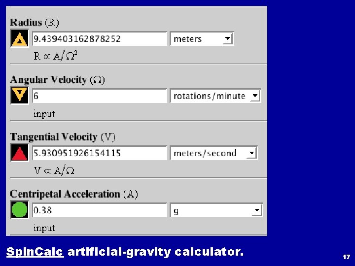 Spin. Calc artificial-gravity calculator. 17 
