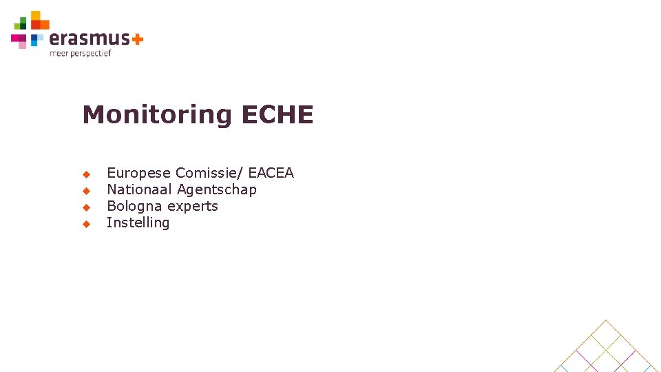 Monitoring ECHE u u Europese Comissie/ EACEA Nationaal Agentschap Bologna experts Instelling 