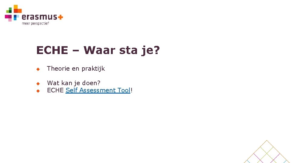 ECHE – Waar sta je? u u u Theorie en praktijk Wat kan je