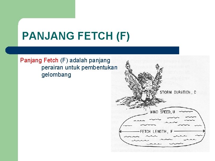 PANJANG FETCH (F) Panjang Fetch (F) adalah panjang perairan untuk pembentukan gelombang 