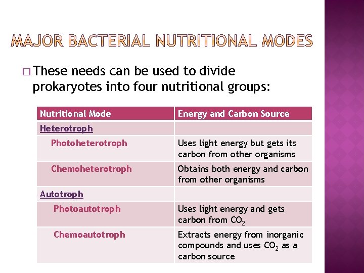 � These needs can be used to divide prokaryotes into four nutritional groups: Nutritional