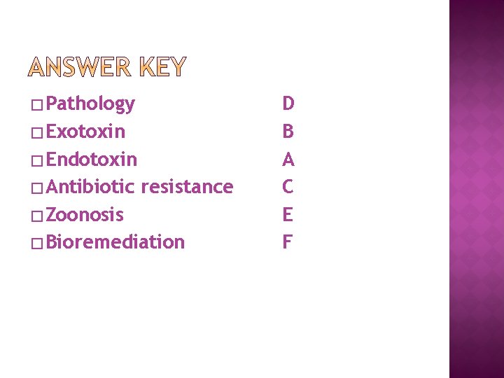 �Pathology �Exotoxin �Endotoxin �Antibiotic resistance �Zoonosis �Bioremediation D B A C E F 