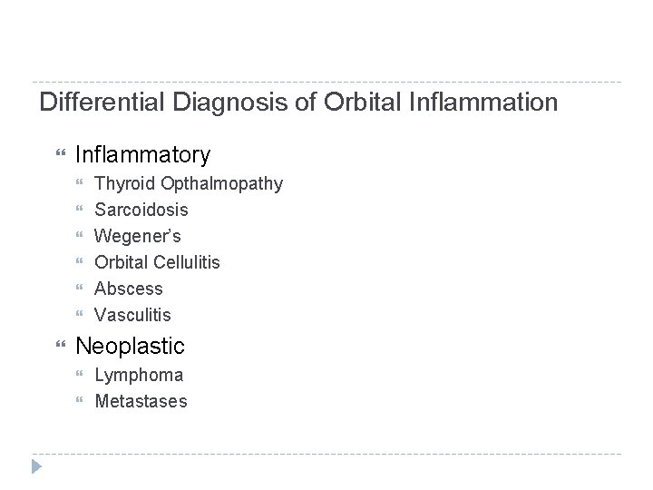 Differential Diagnosis of Orbital Inflammation Inflammatory Thyroid Opthalmopathy Sarcoidosis Wegener’s Orbital Cellulitis Abscess Vasculitis