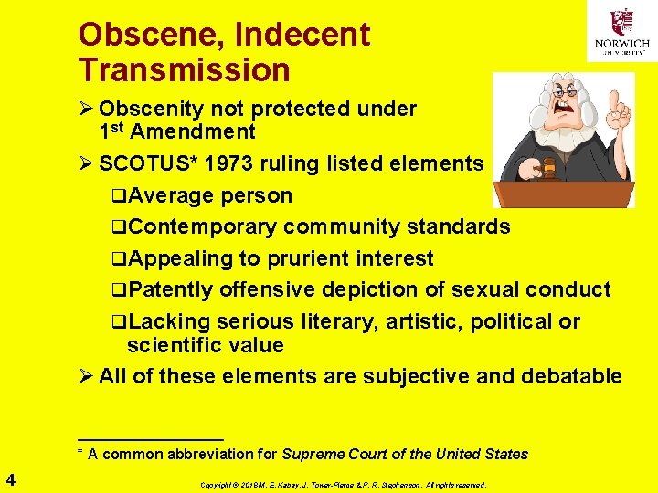 Obscene, Indecent Transmission Ø Obscenity not protected under 1 st Amendment Ø SCOTUS* 1973