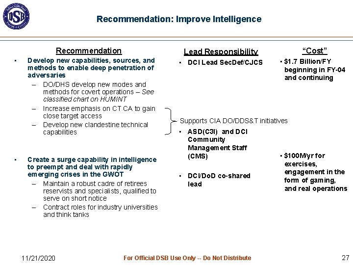 Recommendation: Improve Intelligence Recommendation • • Develop new capabilities, sources, and methods to enable