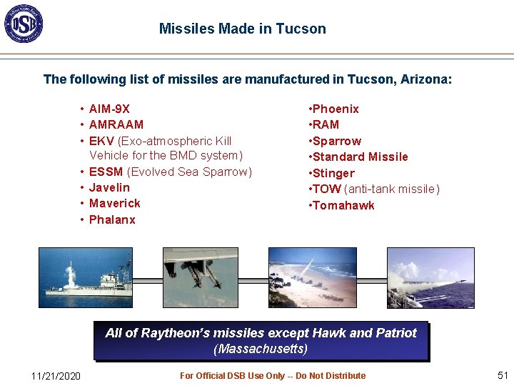 Missiles Made in Tucson The following list of missiles are manufactured in Tucson, Arizona: