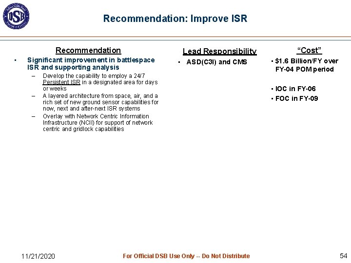 Recommendation: Improve ISR Recommendation • Lead Responsibility Significant improvement in battlespace ISR and supporting