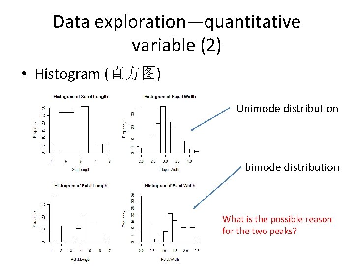 Data exploration—quantitative variable (2) • Histogram (直方图) Unimode distribution bimode distribution What is the