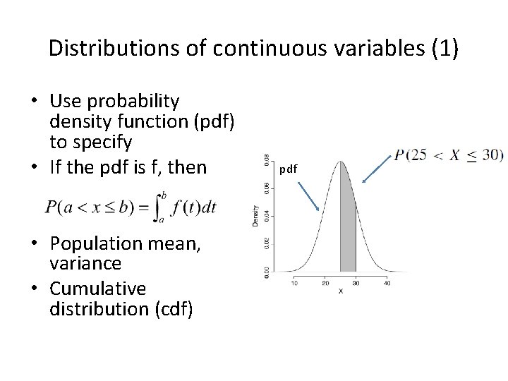 Distributions of continuous variables (1) • Use probability density function (pdf) to specify •