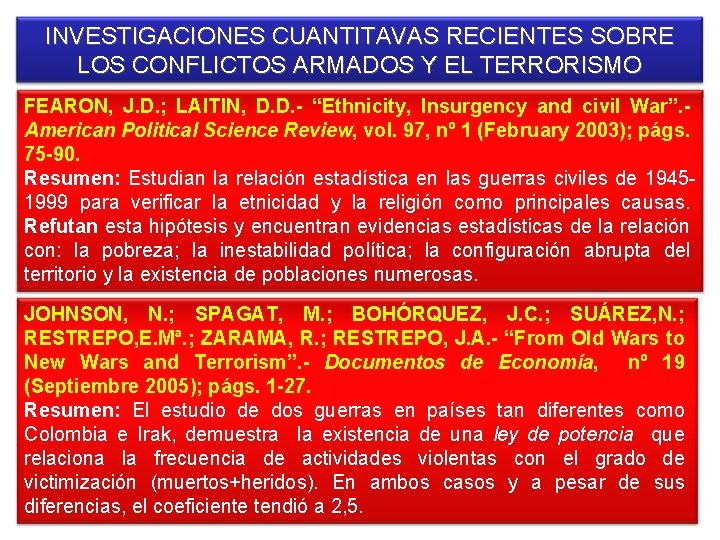 INVESTIGACIONES CUANTITAVAS RECIENTES SOBRE LOS CONFLICTOS ARMADOS Y EL TERRORISMO FEARON, J. D. ;