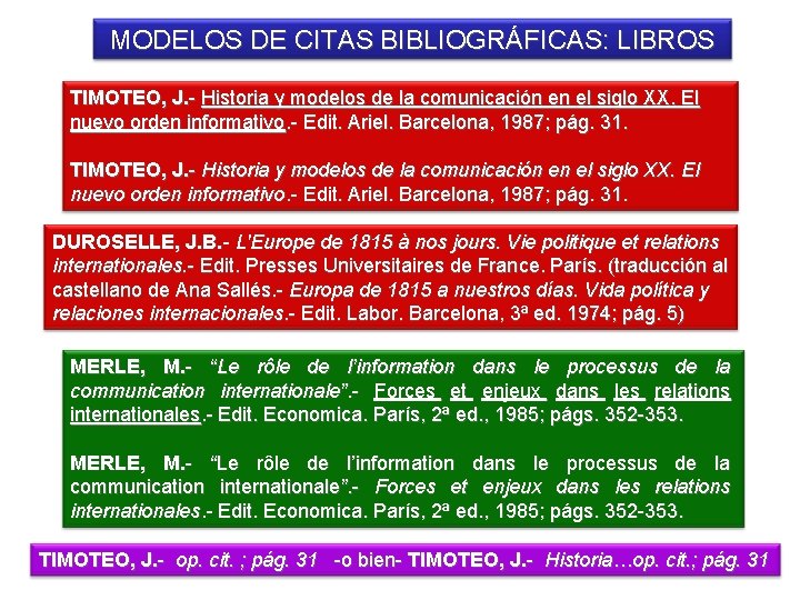 MODELOS DE CITAS BIBLIOGRÁFICAS: LIBROS TIMOTEO, J. - Historia y modelos de la comunicación