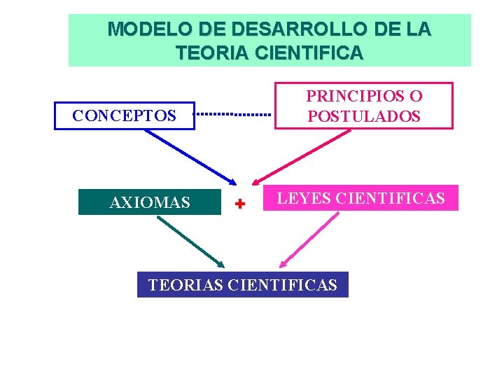 MODELO DE DESARROLLO DE LA TEORIA CIENTIFICA PRINCIPIOS O POSTULADOS CONCEPTOS AXIOMAS + LEYES