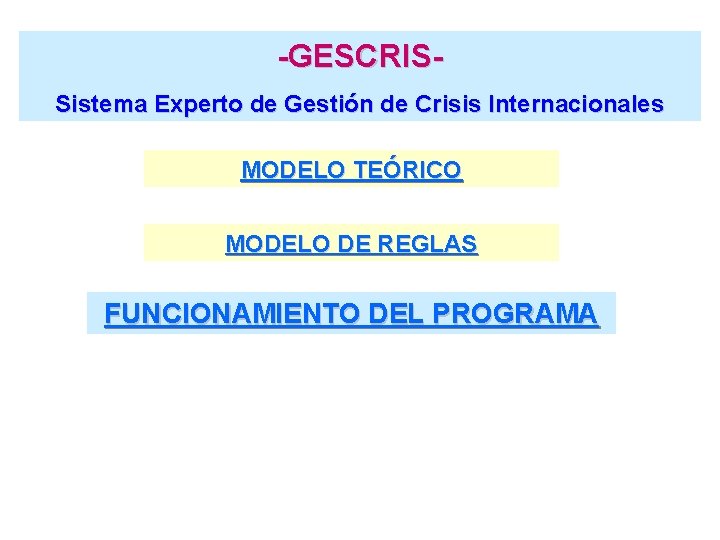 -GESCRISSistema Experto de Gestión de Crisis Internacionales MODELO TEÓRICO MODELO DE REGLAS FUNCIONAMIENTO DEL