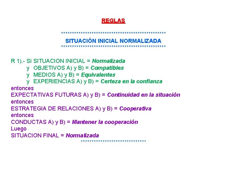 REGLAS ************************ SITUACIÓN INICIAL NORMALIZADA ************************ R 1). - Si SITUACION INICIAL = Normalizada