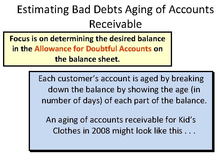 Estimating Bad Debts Aging of Accounts Receivable Focus is on determining the desired balance