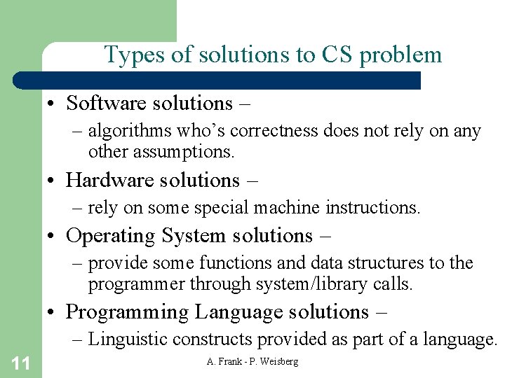 Types of solutions to CS problem • Software solutions – – algorithms who’s correctness