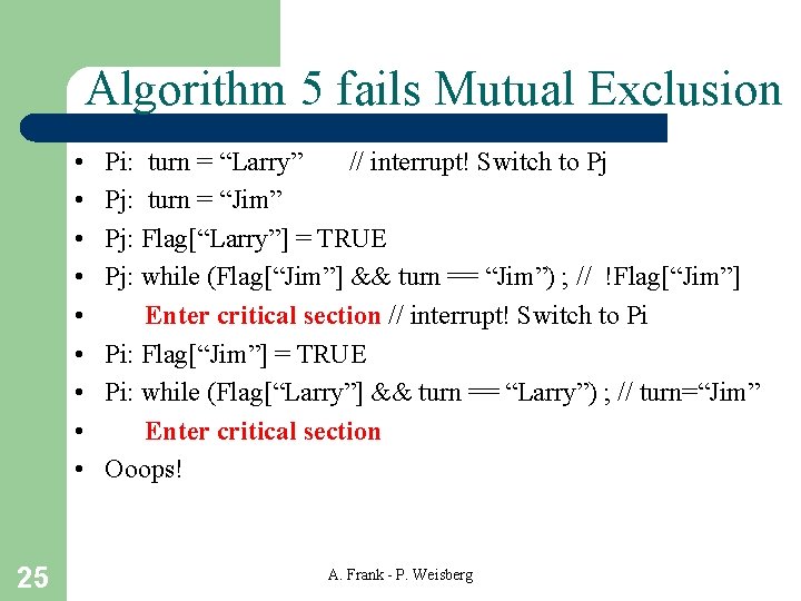 Algorithm 5 fails Mutual Exclusion • • • 25 Pi: turn = “Larry” //