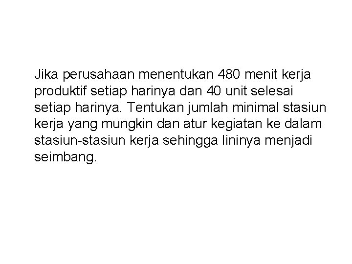 Jika perusahaan menentukan 480 menit kerja produktif setiap harinya dan 40 unit selesai setiap