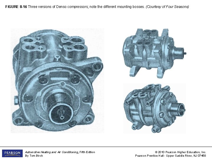 FIGURE 8 -16 Three versions of Denso compressors; note the different mounting bosses. (Courtesy