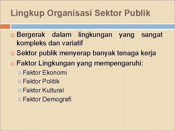 Lingkup Organisasi Sektor Publik Bergerak dalam lingkungan yang sangat kompleks dan variatif Sektor publik