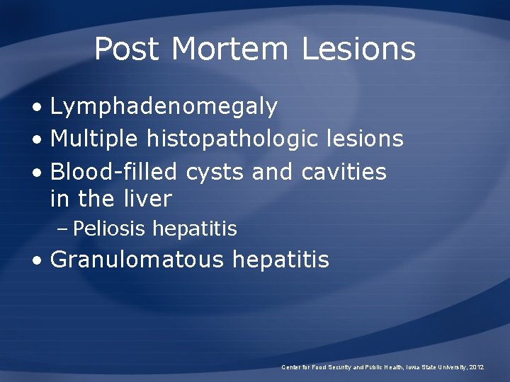 Post Mortem Lesions • Lymphadenomegaly • Multiple histopathologic lesions • Blood-filled cysts and cavities Post Mortem Lesions • Lymphadenomegaly • Multiple histopathologic lesions • Blood-filled cysts and cavities