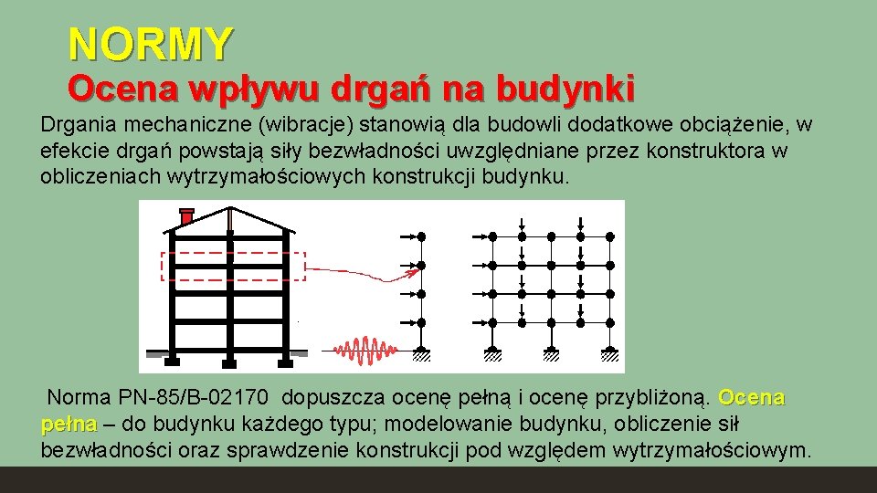 NORMY Ocena wpływu drgań na budynki Drgania mechaniczne (wibracje) stanowią dla budowli dodatkowe obciążenie,