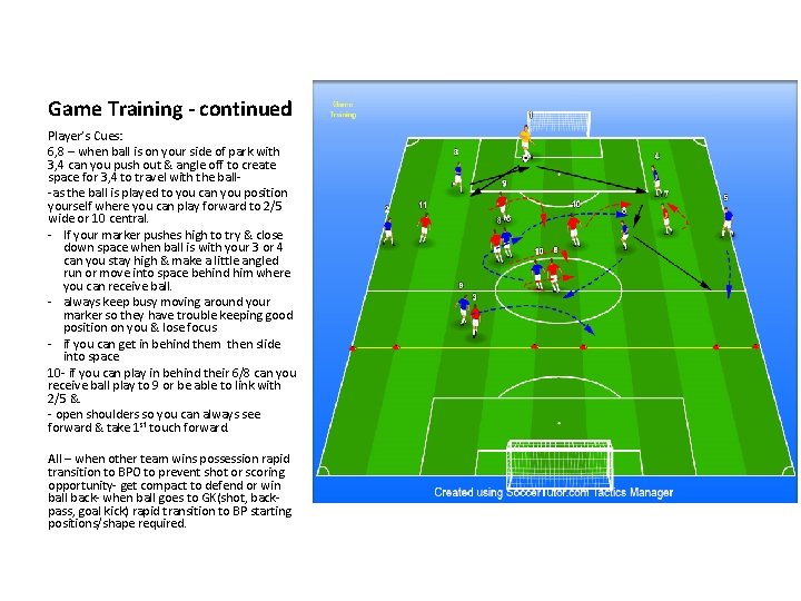 Game Training - continued Player’s Cues: 6, 8 – when ball is on your