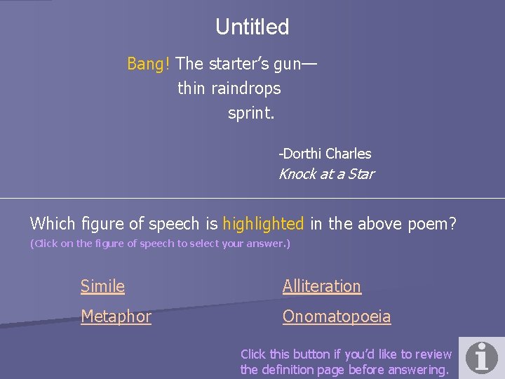 Untitled Bang! The starter’s gun— thin raindrops sprint. -Dorthi Charles Knock at a Star